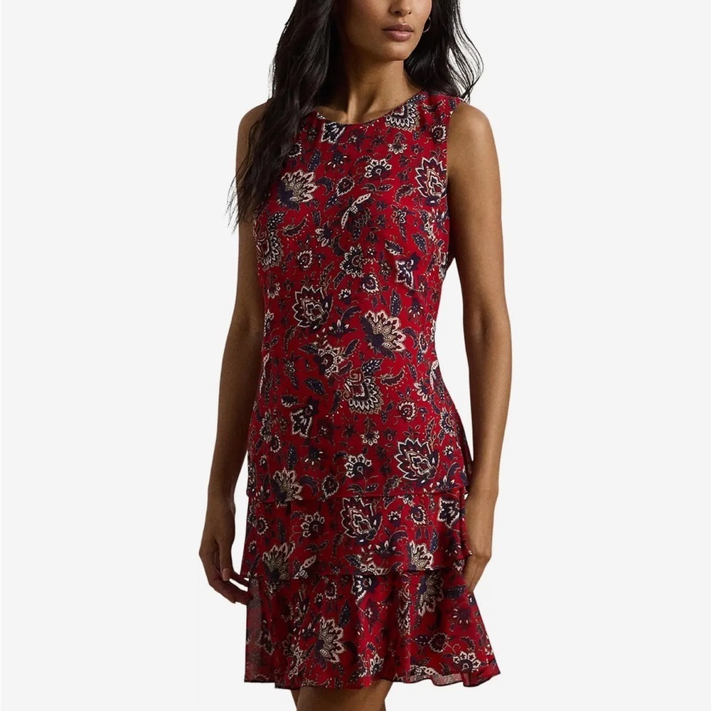 Lauren Ralph Lauren Floral Crinkle Georgette Shift Dress - Red Multi - 4